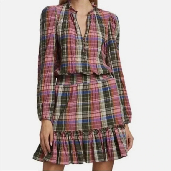 Veronica Beard Destiny plaid crinkled ruched mini dress - Picture 2 of 13